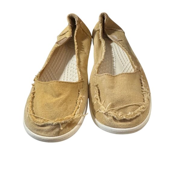 Women's Crocs Canvas Flats Tan‎ Size 6 With Frayed Edges - Picture 2 of 9